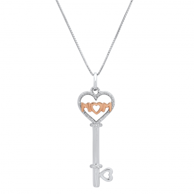 MOM Heart Key Pendant with Round Diamond Accents, White & Rose Gold Plated Two Tone Sterling Silver