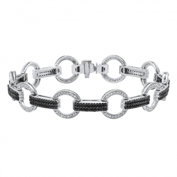2.00 Carat (ctw) Round Black & White Diamond Ladies Circle & Bar Bracelet 2 CT 925 Sterling Silver