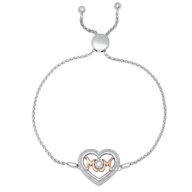 Mom Heart Bracelet with Round Diamond Accents White & Rose Gold Plated Two Tone Sterling Silver