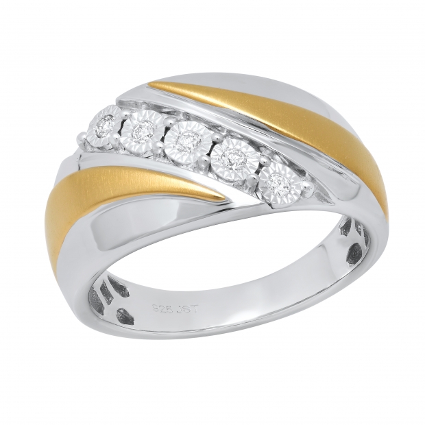0.12 Carat (ctw) Round Diamond Mens Illusion Set 5 Stone Anniversary Wedding Band Sterling Silver