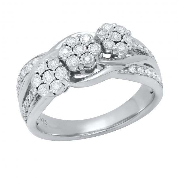 0.35 Carat (ctw) Round Diamond Ladies Three Cluster Flower Engagement Ring 1/3 CT Sterling Silver