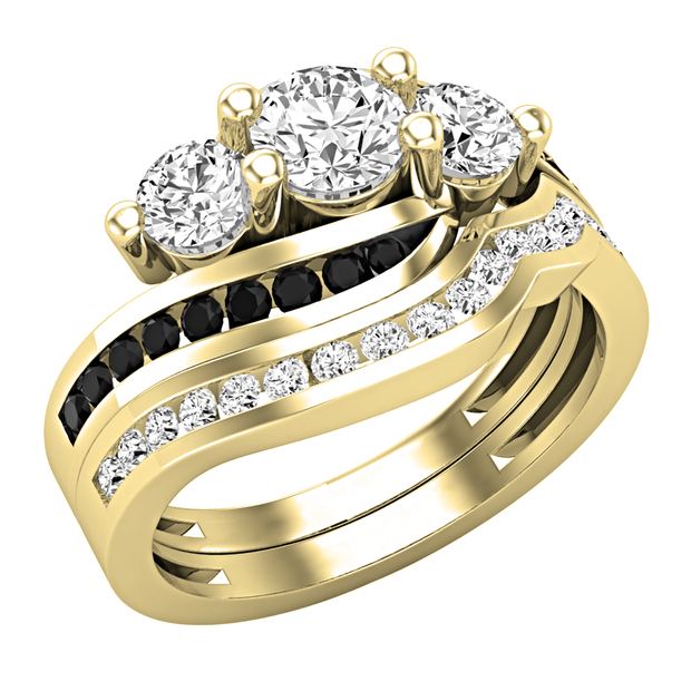 1.40 Carat (ctw) Round Black & White Diamond Ladies Twist 3 Stone Wedding Ring Set 18K Yellow Gold