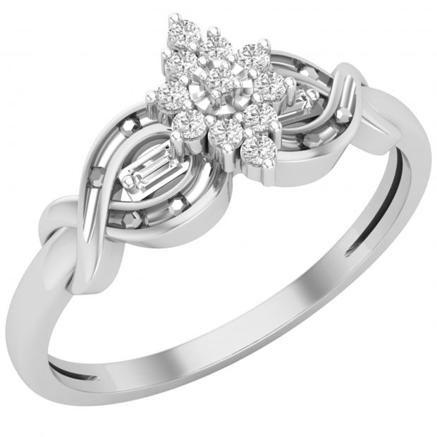 0.15 Carat (ctw) Round & Baguette White Diamond Ladies Cluster Cocktail Ring 925 Sterling Silver