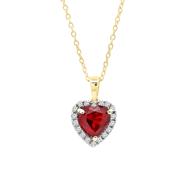 6 MM Heart Garnet & Round White Diamond Ladies Halo Style Pendant with Gold Chain 14K Yellow Gold
