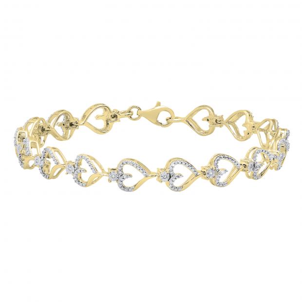 0.13 Carat (ctw) Round Diamond Journey of Heart Tennis Link Bracelet for Ladies | 14K Yellow Gold
