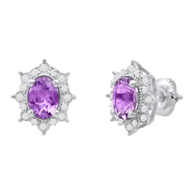 7X5 mm Oval Amethyst & Round Diamond Ladies Flower Halo Style Cluster Stud Earrings 14K White Gold