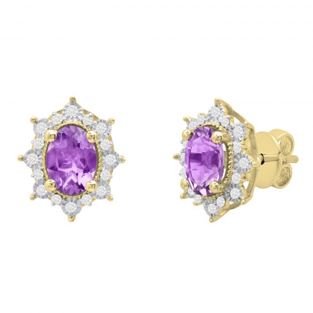 7X5 mm Oval Amethyst & Round Diamond Ladies Flower Halo Style Cluster Stud Earrings 18K Yellow Gold