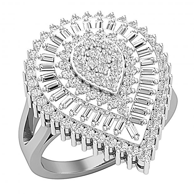 0.85 Carat (ctw) Round & Baguette White Diamond Pear Shaped Luminous Cocktail Ring 10K White Gold