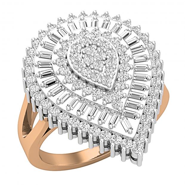 0.85 Carat (ctw) Round & Baguette White Diamond Pear Shaped Luminous Cocktail Ring 18K Rose Gold