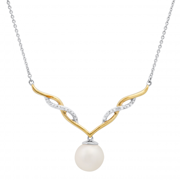 Freshwater Cultured Pearl & White Diamond Twisted Ribbon Chevron Pendant, 925 Sterling Silver