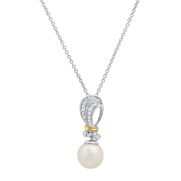 8 mm White Freshwater Pearl & White Sapphire Pendant, White & Yellow Gold Plated 925 Sterling Silver
