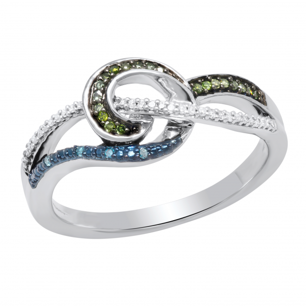 0.11 Carat (ctw) Round Blue Green & White Diamond Multi Colour Knot Ladies Ring Sterling Silver
