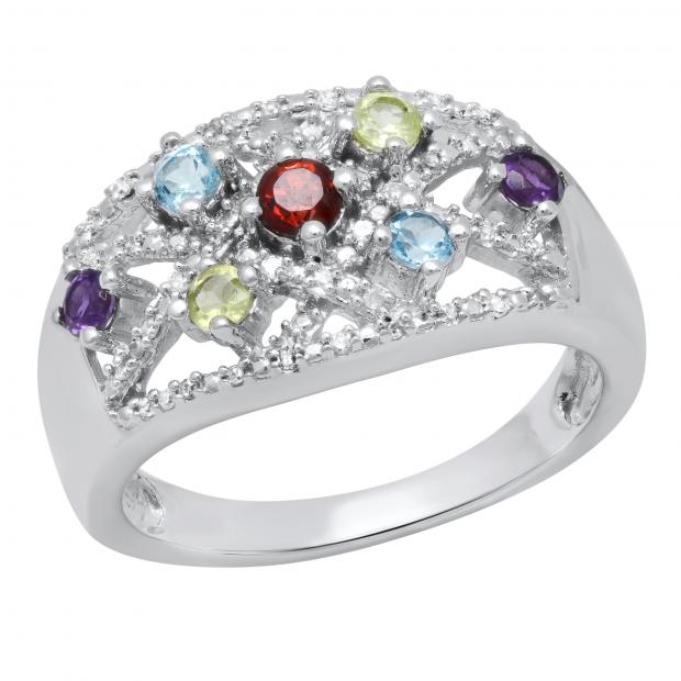 Round Amethyst Peridot Garnet Blue Topaz & White Diamond Ladies Cocktail Ring 925 Sterling Silver