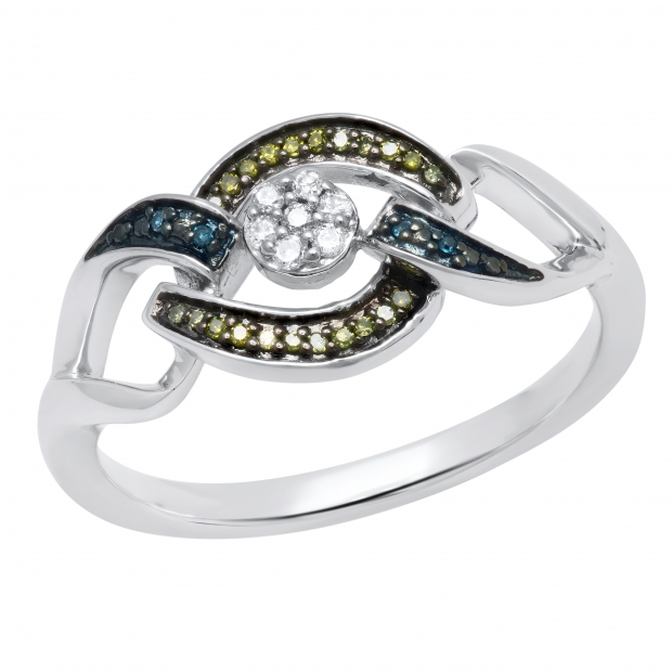 0.11 Carat (ctw) Round Blue, Green & White Diamond Knot Promise Ring in 925 Sterling Silver
