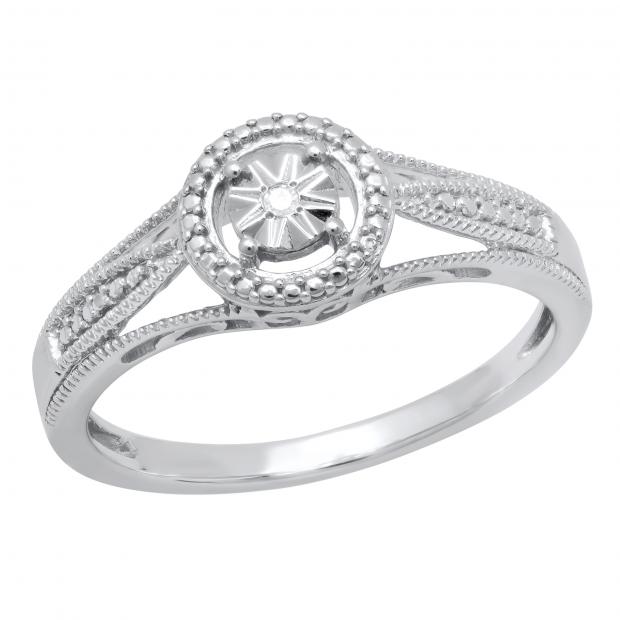Round White Diamond Accents Illusion Set Halo Style Art Deco Wedding Ring 925 Sterling Silver