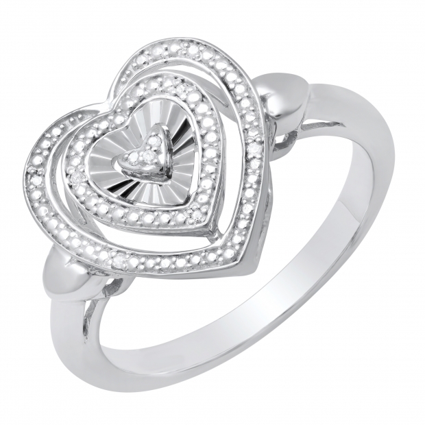 Round Diamond Accents Triple Heart With Side Plain Hearts Illusion Ring For Ladies Sterling Silver