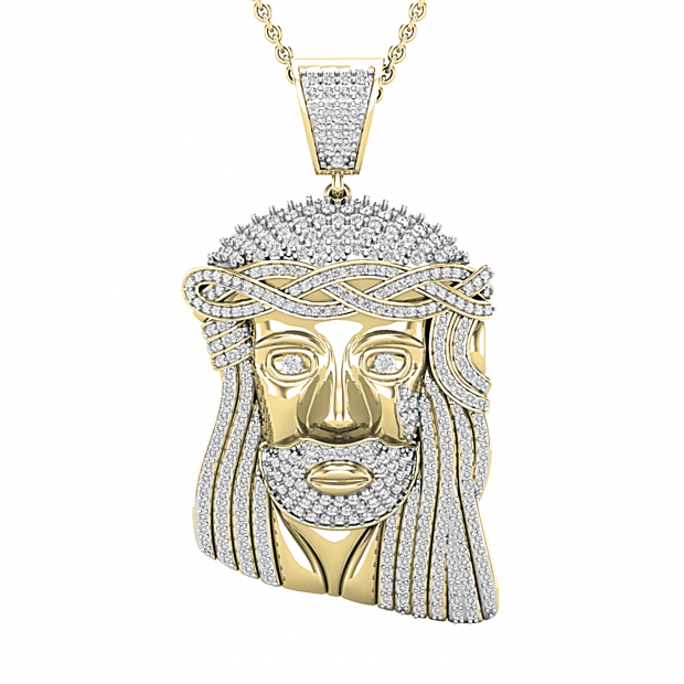 1.50 Carat (ctw) Round Diamond Jesus Christ Face Crown Pendant for Men 1 1/2 CT, 10K Yellow Gold