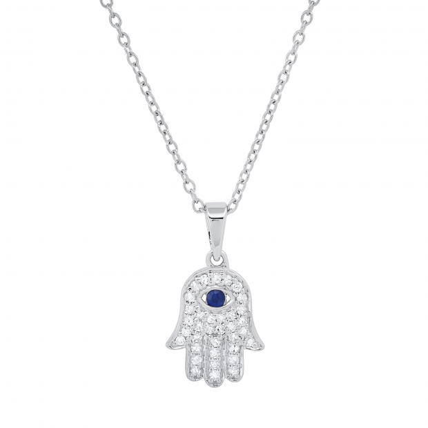 2 MM Round Blue Sapphire & White Diamond Ladies Traditional Hamsa Hand Pendant | 18K White Gold