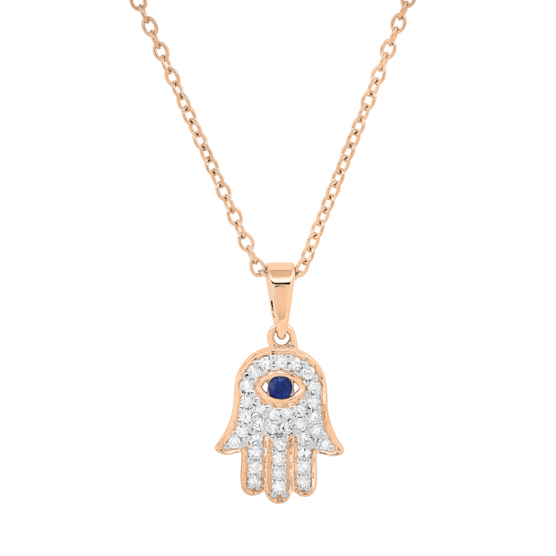 2 MM Round Blue Sapphire & White Diamond Ladies Traditional Hamsa Hand Pendant | 18K Rose Gold