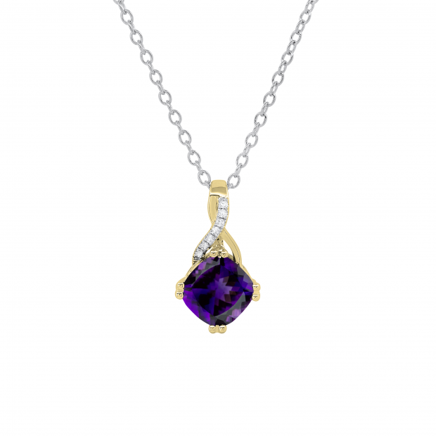 7X7 mm Cushion Amethyst & 0.02 ct Round White Diamond Swirl Spilt Shank Ladies Pendant with Silver Chain 18 Inch | 10K Yellow Silver