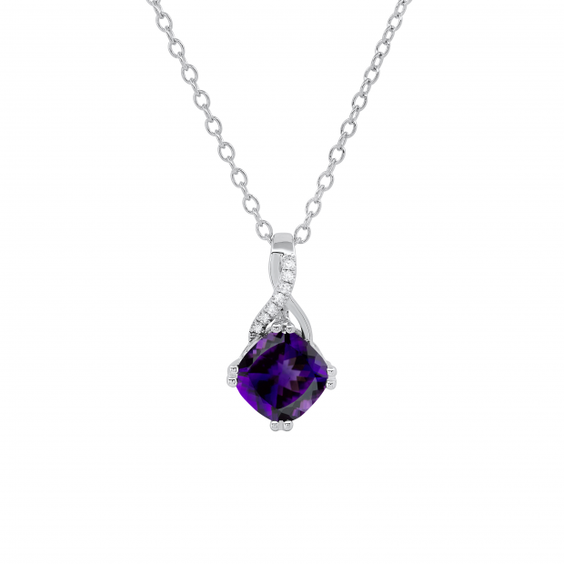 7X7 mm Cushion Amethyst & 0.02 ct Round White Diamond Swirl Spilt Shank Ladies Pendant with Gold Chain 18 Inch | 18K White Gold