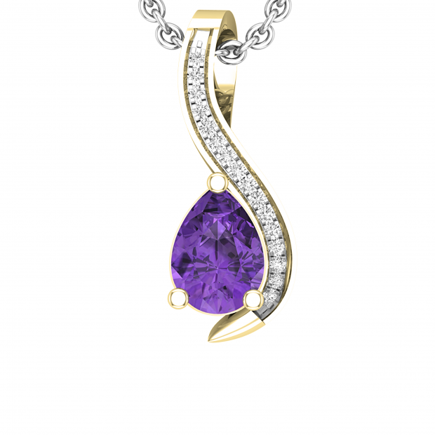 7X5 MM Pear Amethyst Round White Diamond Ladies Swirl Stunning Teardrop Pendant | 10K Yellow Gold