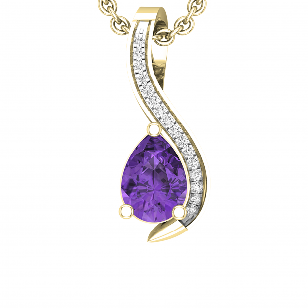 7X5 MM Pear Amethyst Round White Diamond Ladies Swirl Stunning Teardrop Pendant | 10K Yellow Gold