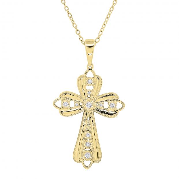 0.10 Carat (ctw) Round White Diamond Ladies Cross Charm Religious Pendant 1/10 CT | 10K Yellow Gold