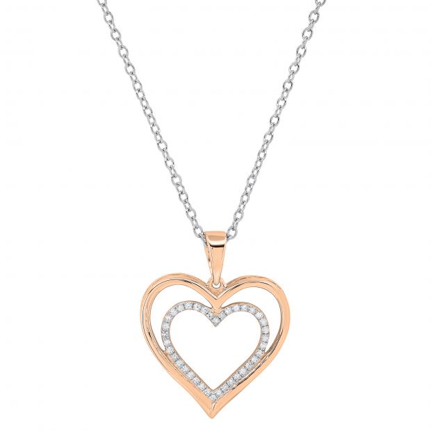 0.10 Carat (ctw) White Diamond Ladies Trendy Double Heart Shaped Pendant 10 CT | 14K Rose Gold