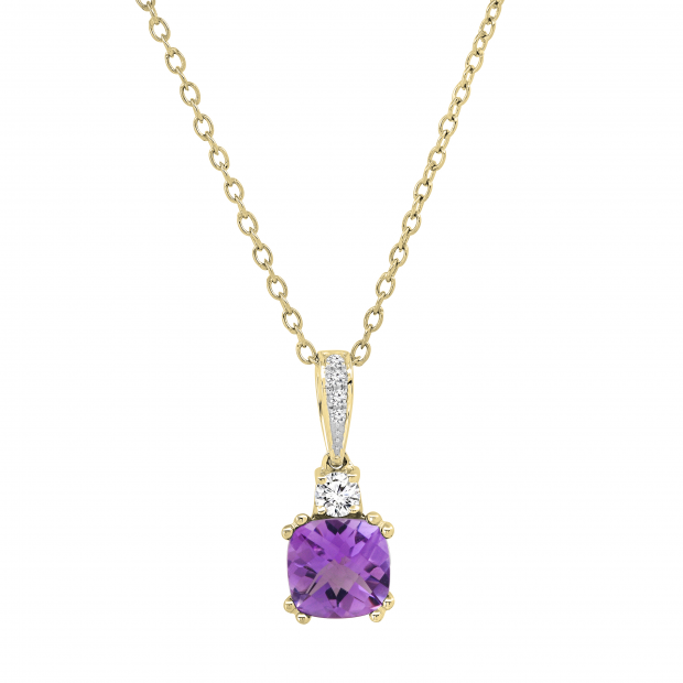 7 MM Originative Cushion Amethyst & White Diamond Ladies Stunning Pendant, 10K Yellow Gold