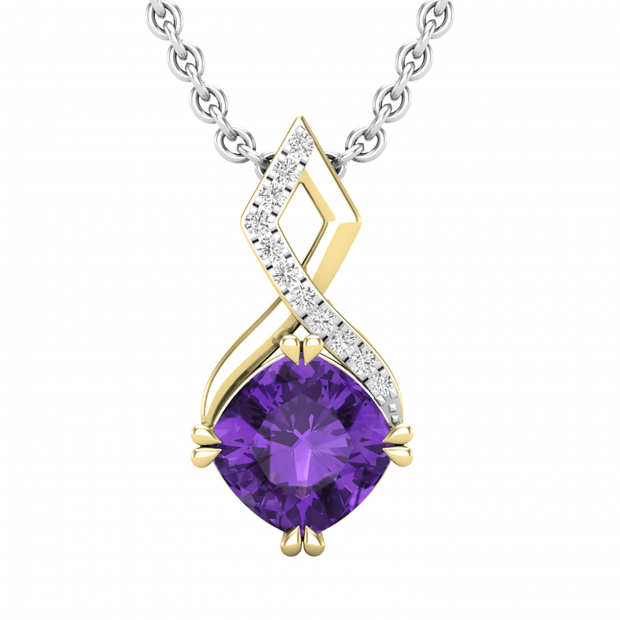 6 MM Cushion Cut Amethyst & White Diamond Ladies Stunning Pendant | 18K Yellow Gold