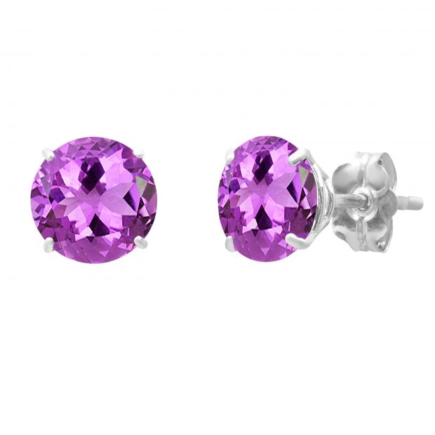 6 mm Round Amethyst Minimalist Solitaire Stud Earrings 10K White Gold
