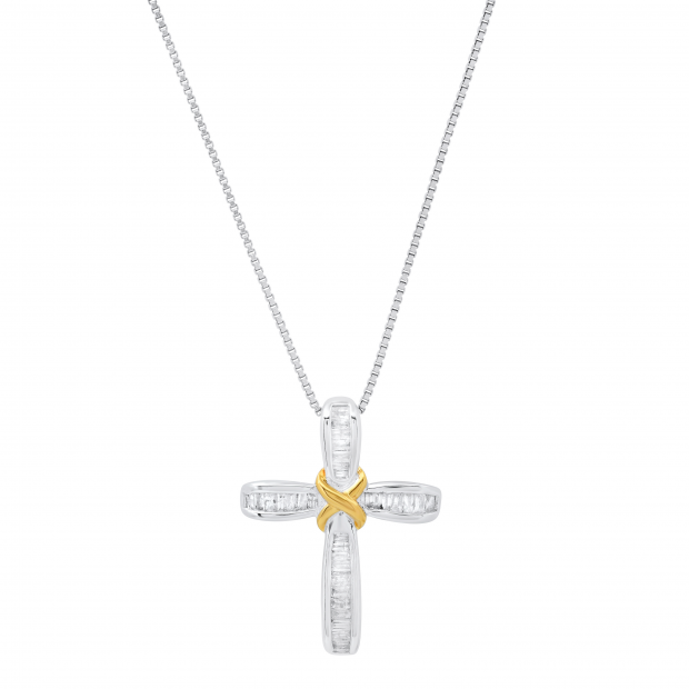 0.25 Carat (ctw) Baguette Diamond Cross Pendant 1/4 CT, White & Yellow Gold Plated Sterling Silver