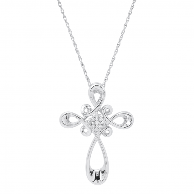 Ladies Antique Design Cross Pendant with Round Diamond Accents in Silver Chain, 925 Sterling Silver