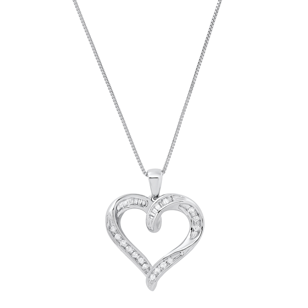 0.20 Carat (ctw) Round & Baguette Diamond Ladies Heart Tilted Pendant 1/5 CT 925 Sterling Silver