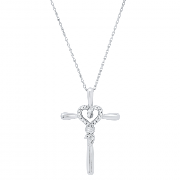 0.10 Carat (ctw) Round Diamond Heart Cross Religious Pendant for Her 1/10 CT 925 Sterling Silver