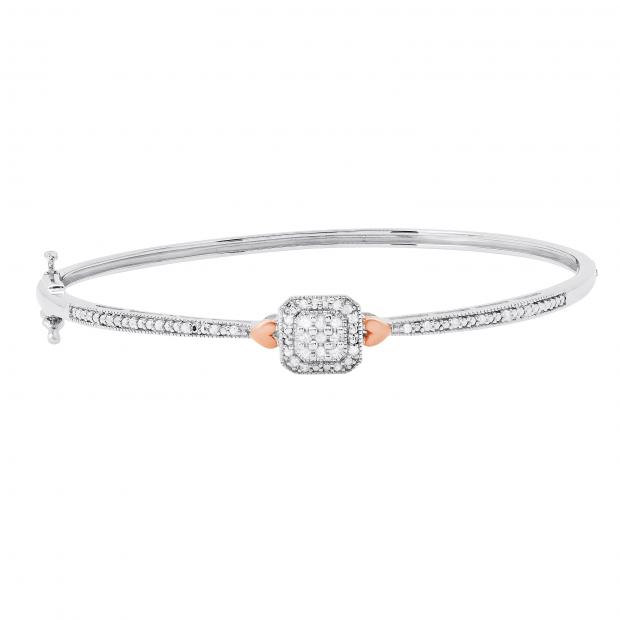 0.25 Carat (ctw) Round Diamond Bangle Bracelet 1/4 CT | White & Rose Gold Plated Sterling Silver
