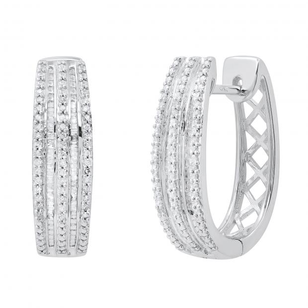 0.50 Carat (ctw) Round & Baguette Diamond Hoops & Huggies Earrings 1/2 CT | 925 Sterling Silver