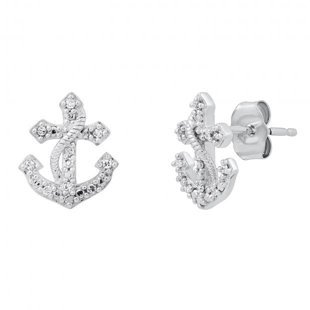 0.07 Carat (ctw) Round White Diamond Ladies Fancy Anchor Symbol Stud Earrings | 925 Sterling Silver
