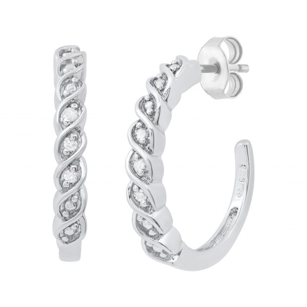 Ladies Round White Accents Diamond Infinity Swirl Ribbon Huggies Hoop Earrings | 925 Sterling Silver