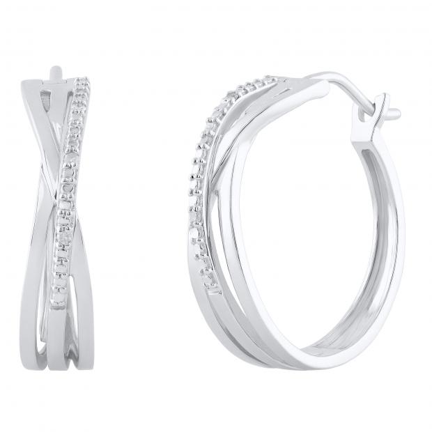 Ladies Round White Accents Diamond Infinity Crossover Huggies Hoops Earrings | 925 Sterling Silver