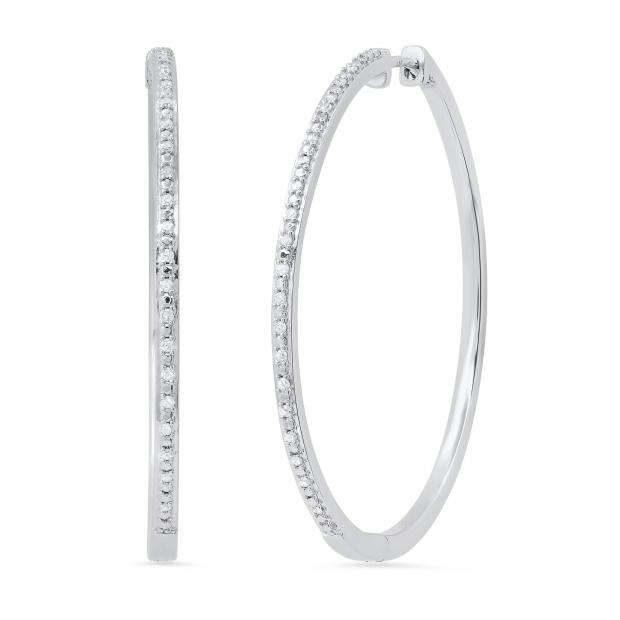 Ladies Round White Accents Diamond Circular Sparkling Huggies Hoop Earrings | 925 Sterling Silver