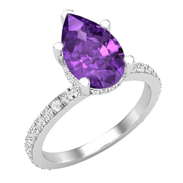 10X7 MM Pear Shaped Amethyst and 0.50 Carat (ctw) White Diamond Engagement Ring 925 Sterling Silver
