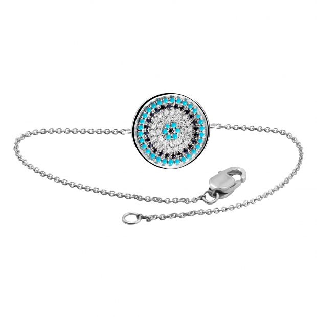 1 mm Dianty Round Blue Sapphire Turquiose & White Diamonds Ladies Circle Bracelet 925 Sterling Silver