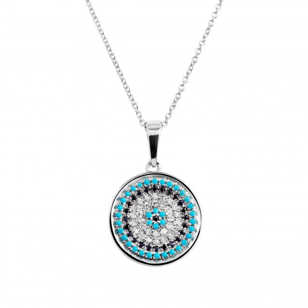 1 mm Dianty Round Blue Sapphire, Turquiose & White Diamonds Ladies Circle Pendant | 10K White Gold