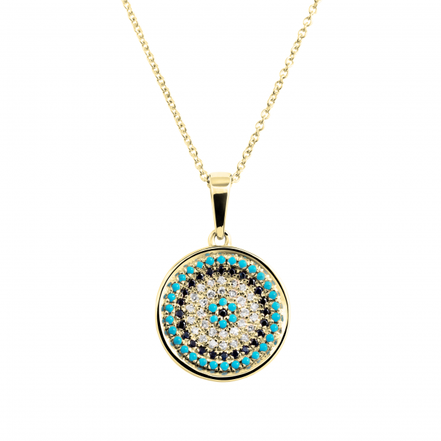 1 mm Dianty Round Blue Sapphire, Turquiose & White Diamonds Ladies Circle Pendant | 10K Yellow Gold