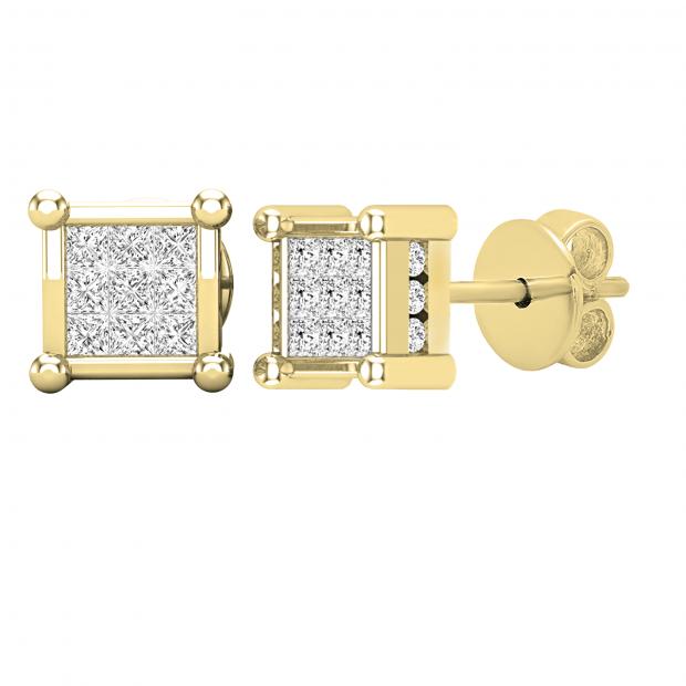 0.28 Carat (ctw) Princess & Round White Diamond Square Shape Ladies Earrings 1/4 CT | 14K Yellow Gold