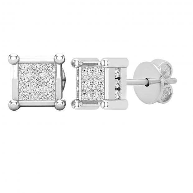 0.28 Carat (ctw) Princess & Round White Diamond Square Shape Ladies Earrings 1/4 CT | 925 Sterling Silver