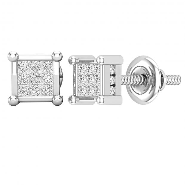 0.28 Carat (ctw) Princess & Round White Diamond Square Shape Ladies Earrings 1/4 CT | 925 Sterling Silver