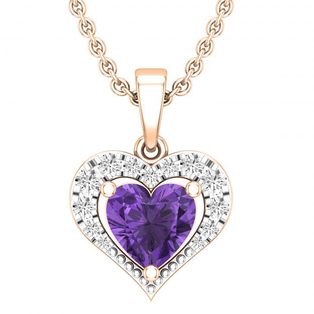 7X7 MM Heart Amethyst & Round White Diamond Ladies Heart Halo Style Love Pendant 18K Rose Gold